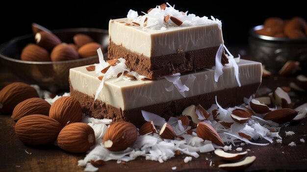 Chocolat avec noix mélangées et flocons de noix de coco sur un fond blanc généré par l'IA