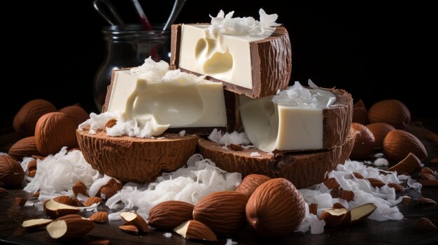 Chocolat avec noix mélangées et flocons de noix de coco sur un fond blanc généré par l'IA