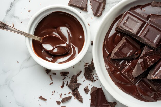 Chocolat organique foncé fondu dans un bol et une cuillère sur une surface de marbre