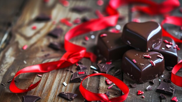 Photo chocolat avec ruban et cœur le jour de la saint-valentin amour génératif ai