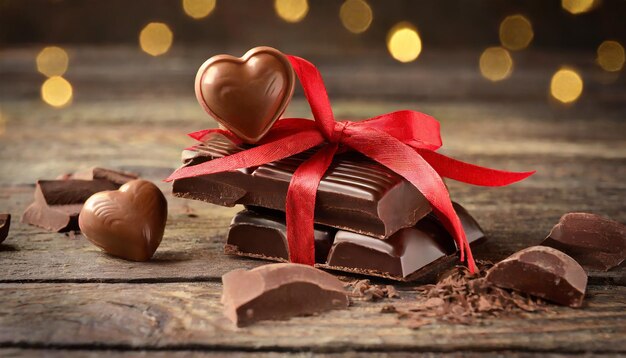 Photo chocolat avec ruban et cœur pour l'amour de la saint-valentin