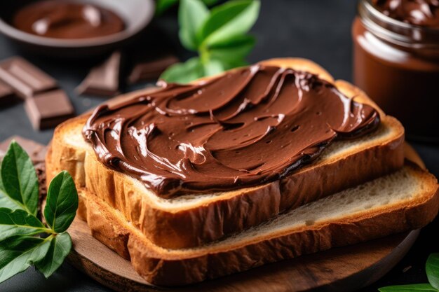 Chocolat à tartiner sur de délicieux toasts de petit-déjeuner sur la table