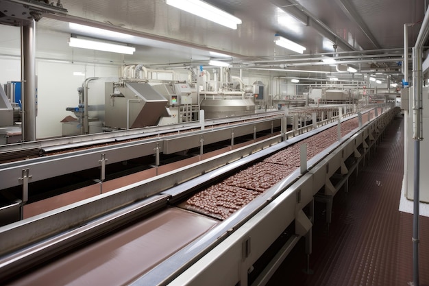 Chocolaterie avec tapis roulants et machines fabriquant des tablettes de chocolat dans un ruisseau