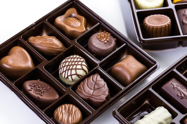 Chocolats assortis en boîte sur fond blanc.