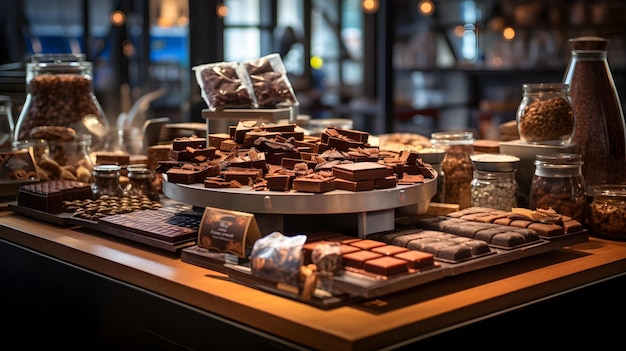 Photo chocolats et confiseries artisanaux présentés dans une configuration de chocolatier gourmet