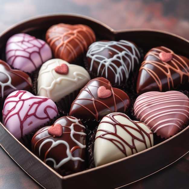 Des chocolats en forme de cœur dans une boîte pour la Saint-Valentin.