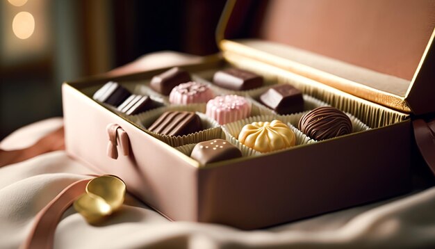 Chocolats et pralines au chocolat dans une boîte cadeau comme cadeau de vacances de luxe ai génératif