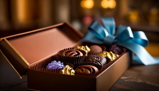 Chocolats et pralines au chocolat dans une boîte cadeau comme cadeau de vacances de luxe ai génératif