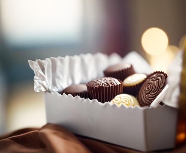 Chocolats et pralines au chocolat dans une boîte cadeau comme cadeau de vacances de luxe ai génératif