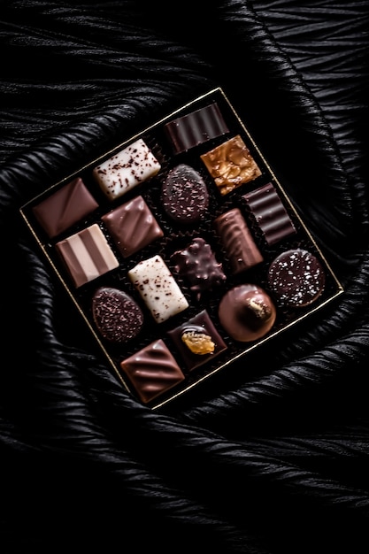 Chocolats suisses dans une boîte cadeau diverses pralines de luxe à base de chocolat biologique noir et au lait dans une chocolaterie en suisse dessert sucré comme cadeau de vacances et marque de confiserie haut de gamme