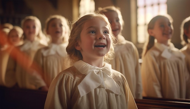 Photo chœur d'enfants chantant dans l'église portant des vêtements traditionnels de chœur les enfants chantant dans l'église catholique