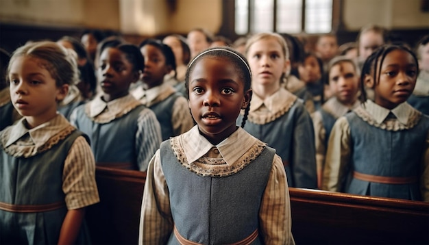 chœur d'enfants chantant à l'église portant des vêtements de chœur traditionnels enfants chantant l'églisse catholique