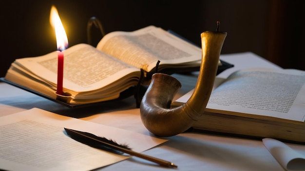 Photo le chofar, la corne, le livre de la torah, la bougie brûlante, la feuille de papier et le stylo à plumes.