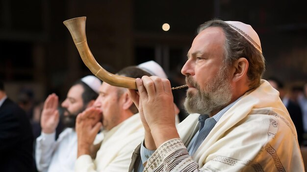 Photo chofar corne et tallit fête juive avec les juifs hassidiques prient