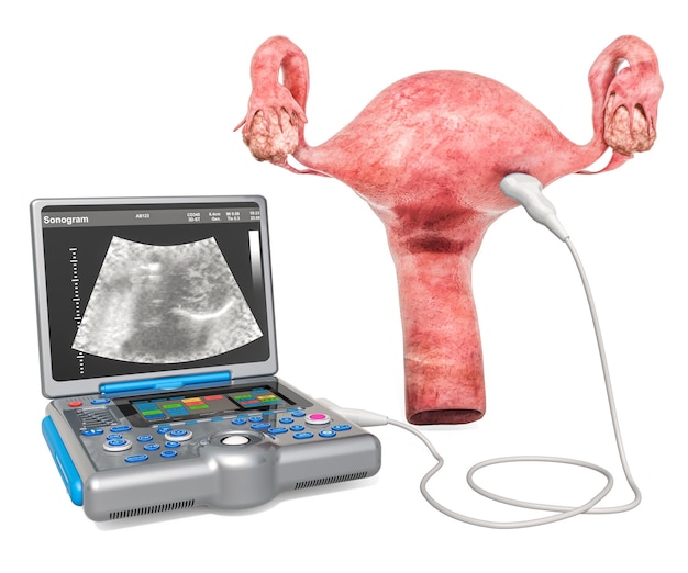 Échographie de l'utérus ou concept d'échographie transvaginale Utérus avec machine de diagnostic par ultrasons médicaux rendu 3D