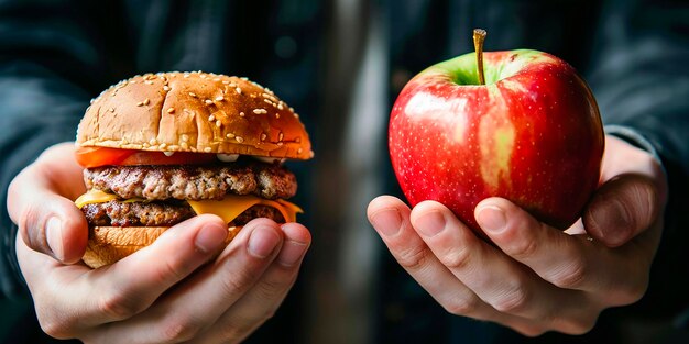 Photo un choix est présenté entre la malbouffe et une alimentation saine