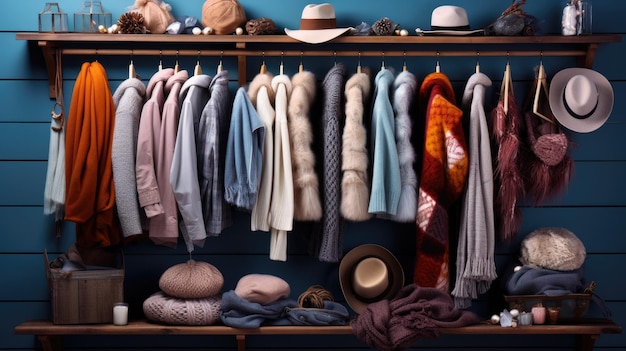 Les choix de la garde-robe d'hiver d'une femme soigneusement disposés sur un cintre sont diverses foulards gants et chapeaux dans différents styles et couleurs parfaits pour le mélange et l'appariement pendant les mois d'hivers