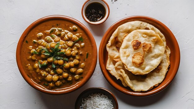 Photo chole bhature ou curry de pois poulet et puri frit servi dans de la vaisselle en terre cuite sur un fond blanc