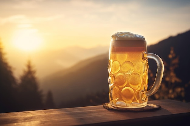 Une chope de bière sur fond de montagnes