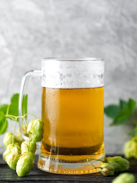 Chope de bière légère sur un fond gris avec du houblon vert