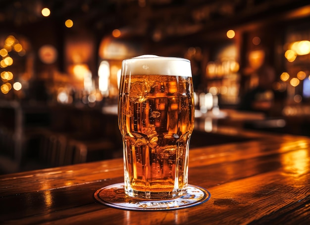 Chope de bière sur une table en bois dans un pub ou un restaurant