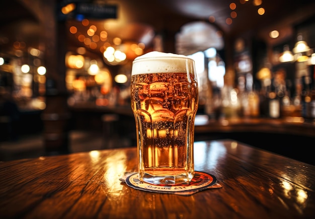 Chope de bière sur une table en bois dans un pub ou un restaurant