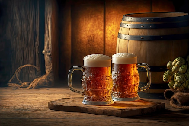 Des chopes de bière froide dorée sont sur la table à côté du baril de bière créé avec une IA générative