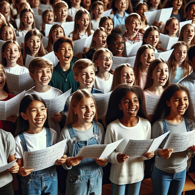 Une chorale d'écoliers chantant ensemble