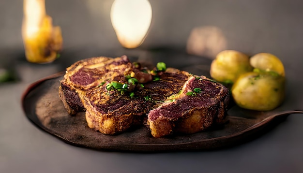 Chorizo de faux-filet juteux moyen dans une coupe traditionnelle sur une planche de bois avec des herbes, des épices et du sel