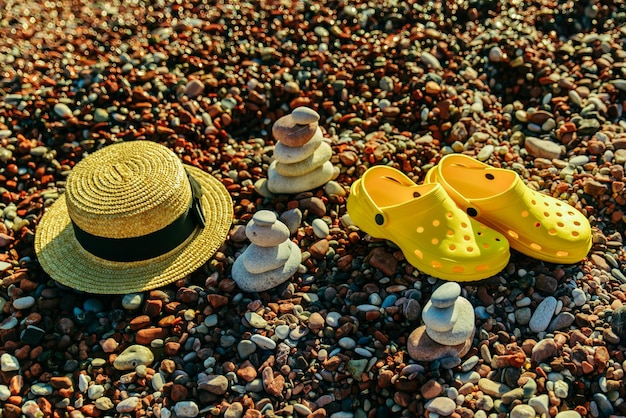 Choses sur rocky beach hat avec palmes close up