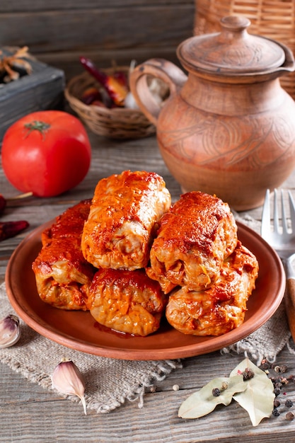 Chou farci traditionnel avec de la viande hachée et du riz, servi dans une sauce tomate.