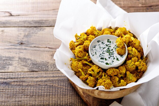 Chou-fleur croustillant végétarien dans un bol en bois avec sauce et herbes sur fond de bois avec copie espace