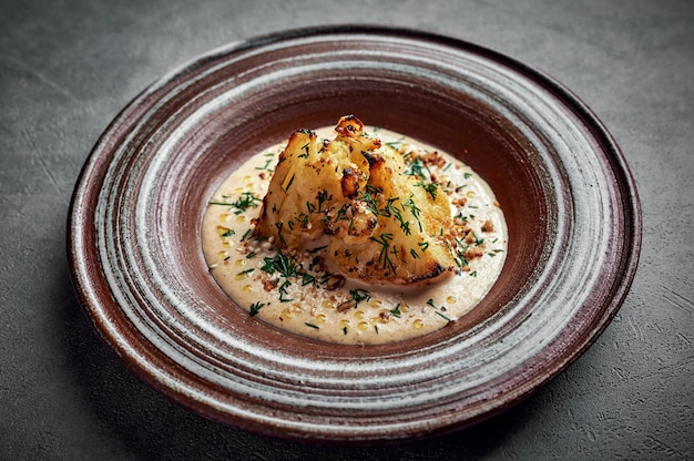 Chou-fleur cuit au four dans une sauce au gruyère, herbes et huile d'olive dans une assiette en céramique sur une surface sombre