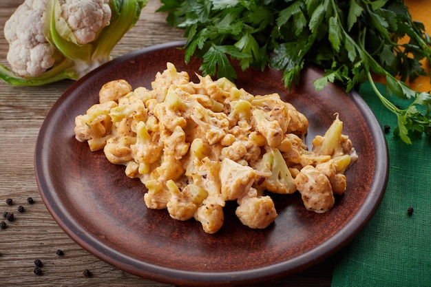 Chou-fleur rôti aux épices et herbes sur un fond en bois