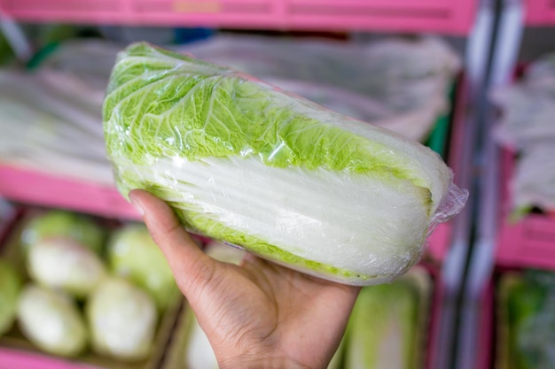 Chou vert frais Chou chinois dans un supermarché Mise au point sélective sur la tête