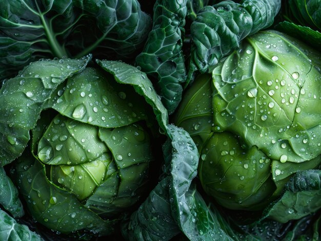 Chou vert frais avec des gouttes d'eau Arrière-plan alimentaire sain Vue supérieure IA générative