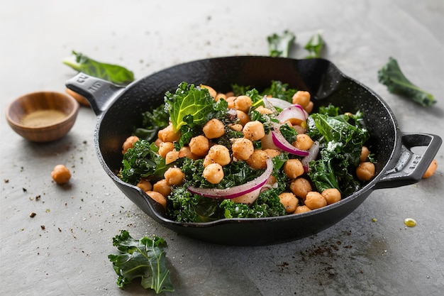 Le chou vert sauté avec des pois chiches et des oignons rouges est un plat végétalien dans une casserole en fonte.