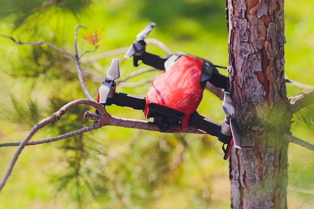 Échoué drone crash sur l'arbre et est tombé avec une jambe cassée et rayé sur la couverture.