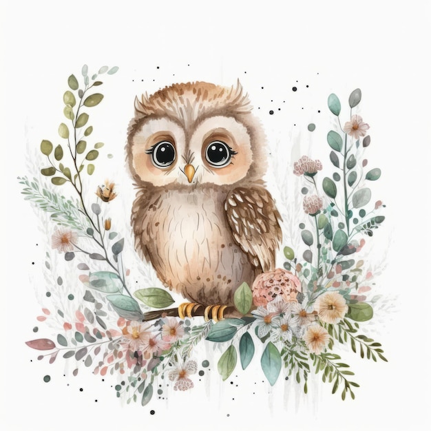 Chouette bébé aquarelle mignon Illustration AI Générative