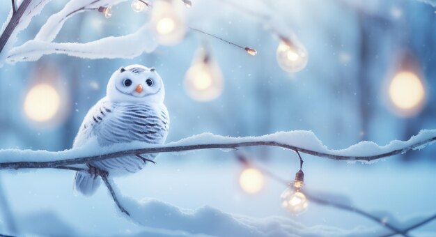 Chouette blanche au sommet des branches avec des lumières et des vacances de Noël enneigées IA générative