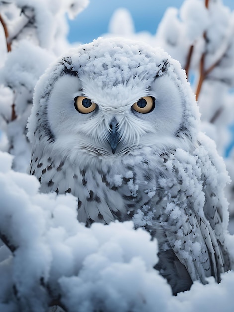 Une chouette enneigée à l'air sage perchée sur une branche enneigée contre une illustration hyperréaliste Photo Art