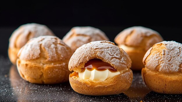 Photo choux au craquelin une exposition de bouffées de pâtisserie de choux enveloppes de sucre enveloppant le remplissage de crème