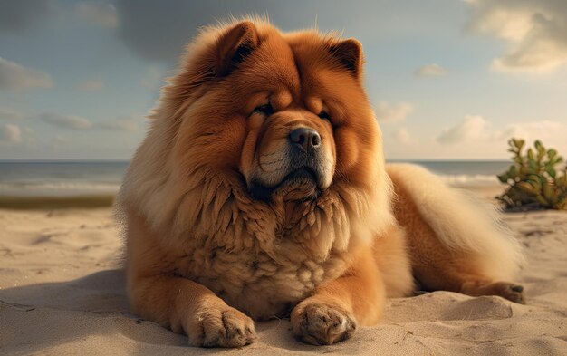 Chow Chow est assis sur la plage poste de publicité professionnelle photo ai généré