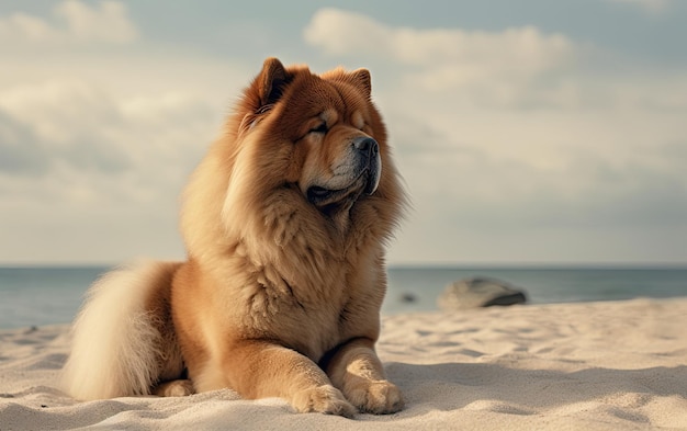 Chow Chow est assis sur la plage poste de publicité professionnelle photo ai généré