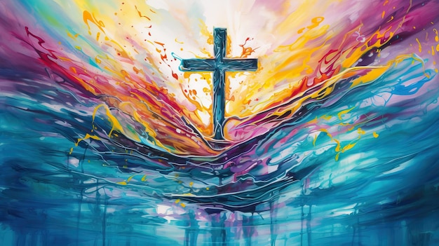 Christian Jesus Cross Peinture à l'huile abstraite colorée Illustrations vives