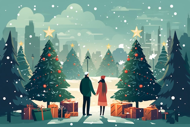 Photo christmas and new year background with couple walking winter scene with snow and christmas tree