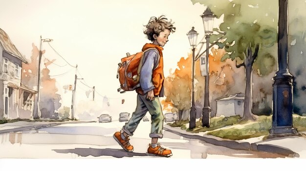 Christopher marchant sur le trottoir à l'aquarelle