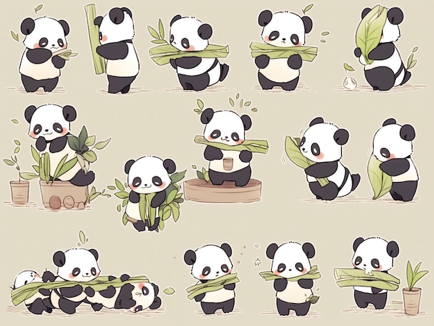 Les chroniques adorables du panda : plusieurs poses et expressions avec du bambou