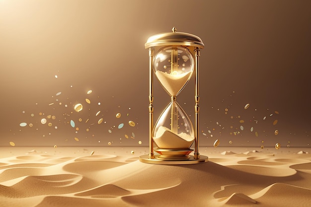 Chronomètre d'horloge vintage avec verre transparent et particules d'or Bannière du concept de chargement du temps d'exécution avec horloge de sable et espace de copie Illustration de rendu 3D Illustration 3D