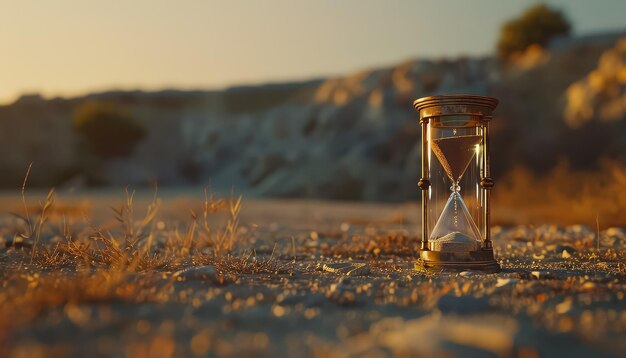 Photo un chronomètre de sable est sur une plage avec un rivage rocheux